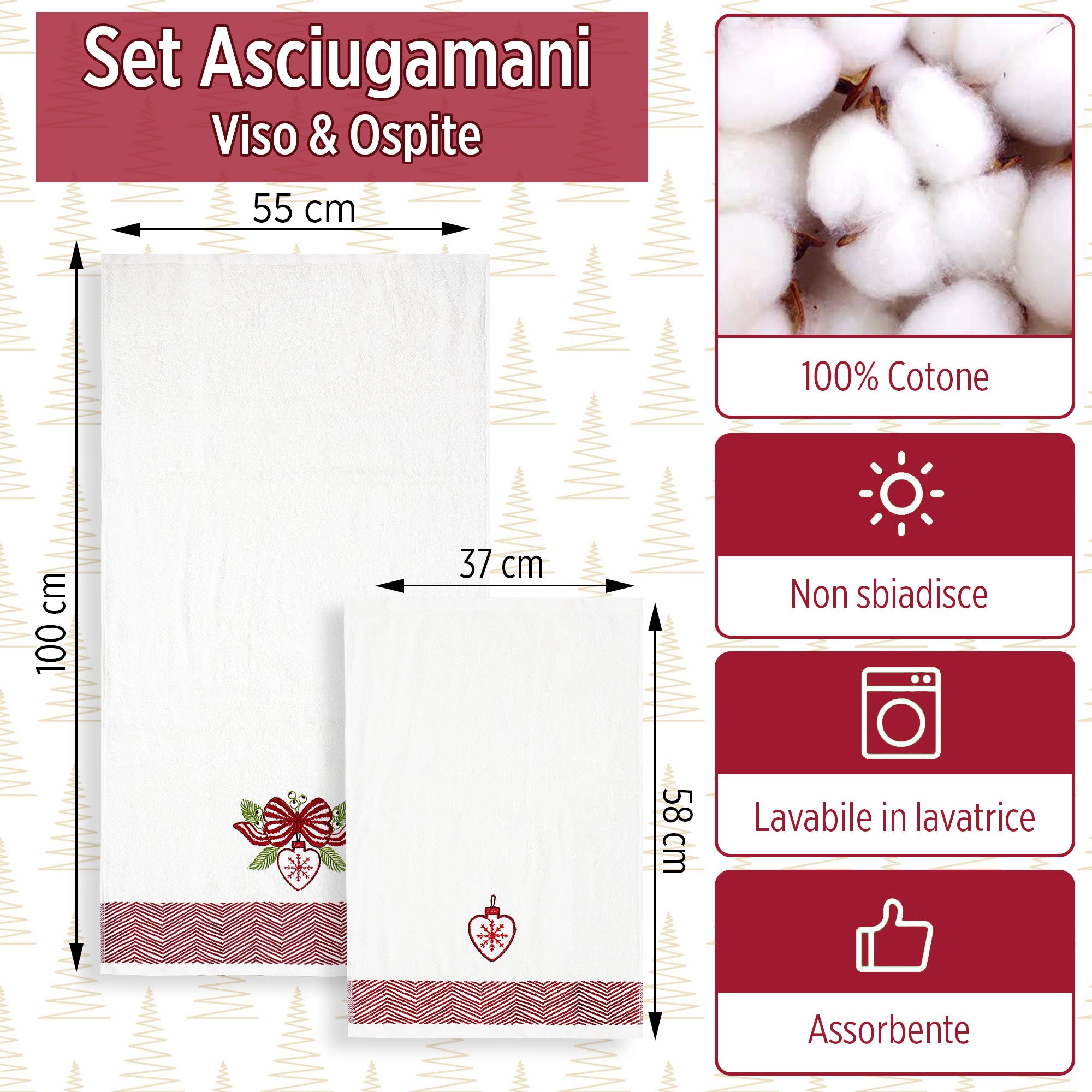 Asciugamani Natalizi Bagno set 1+1 in Spugna di Cotone Decoro Natale 6983