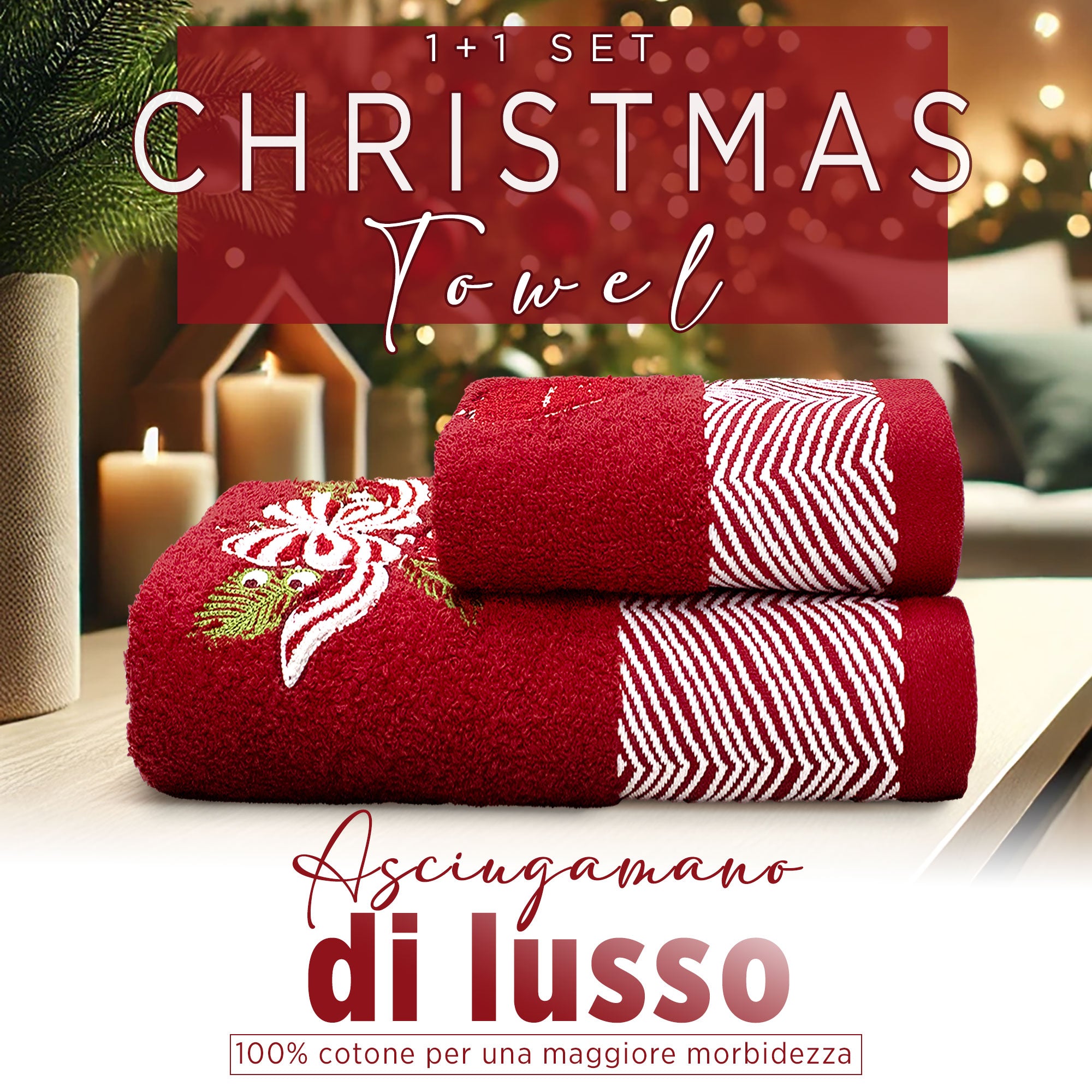 Asciugamani Natalizi Bagno set 1+1 in Spugna di Cotone Decoro Natale 6983