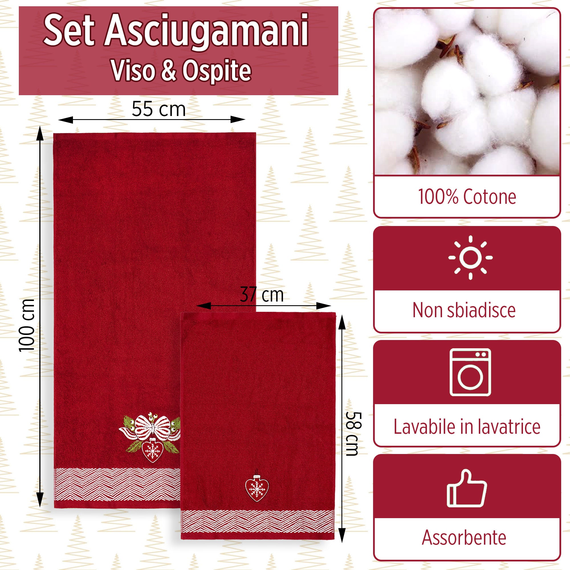 Asciugamani Natalizi Bagno set 1+1 in Spugna di Cotone Decoro Natale 6983