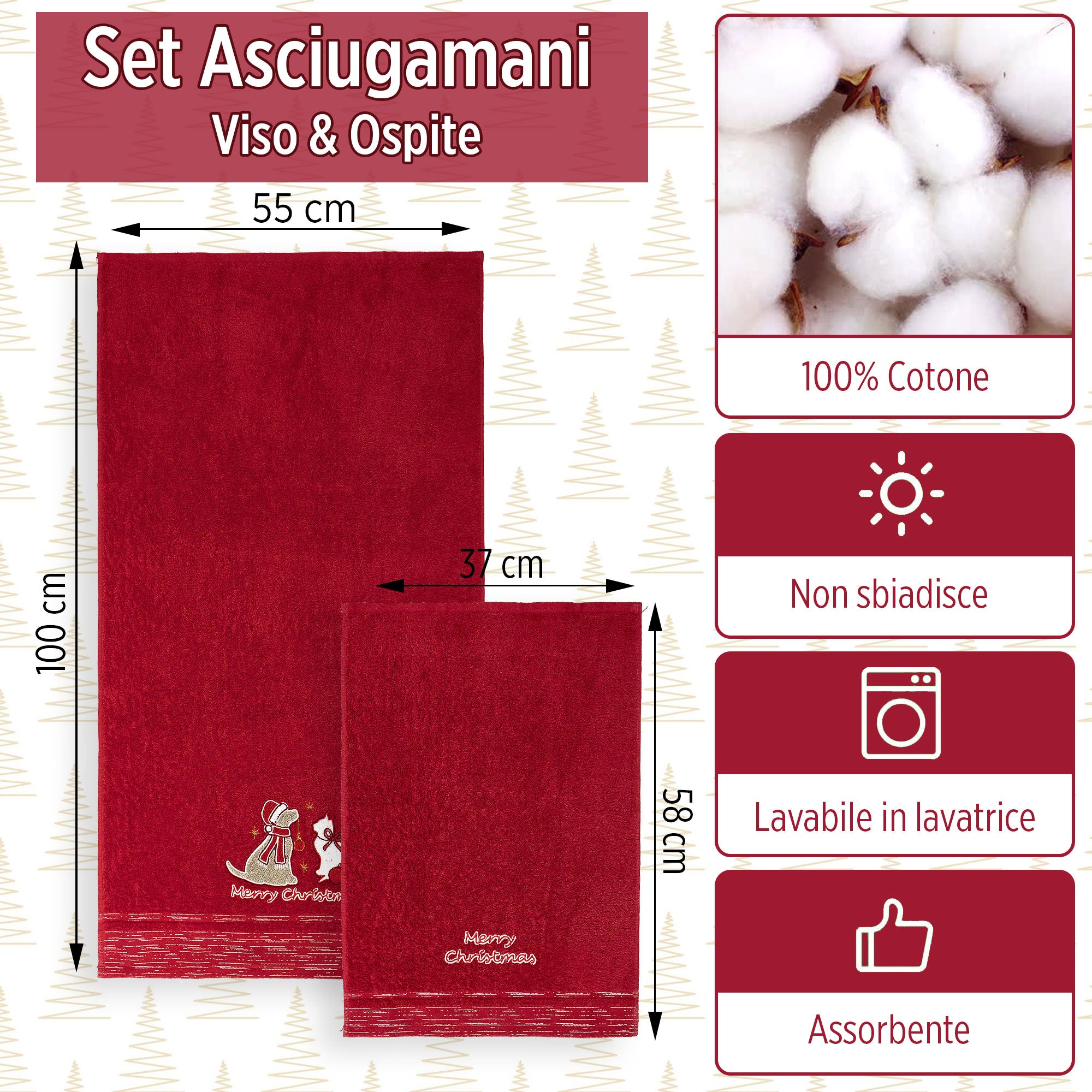 Asciugamani Natalizi Bagno set 1+1 in Spugna di Cotone Decoro Natale 6983