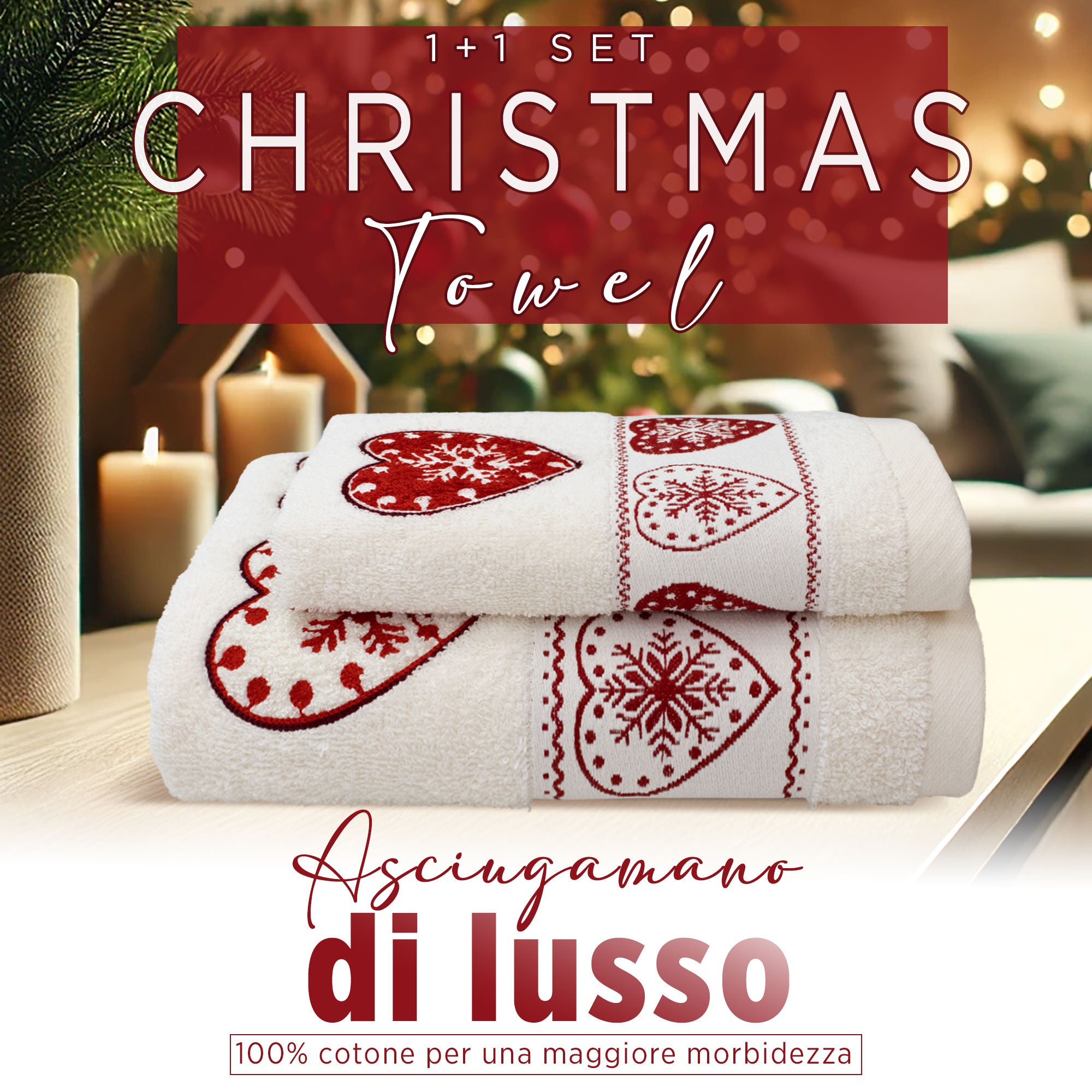 Asciugamani Natalizi Bagno set 1+1 in Spugna di Cotone Decoro Natale 6983