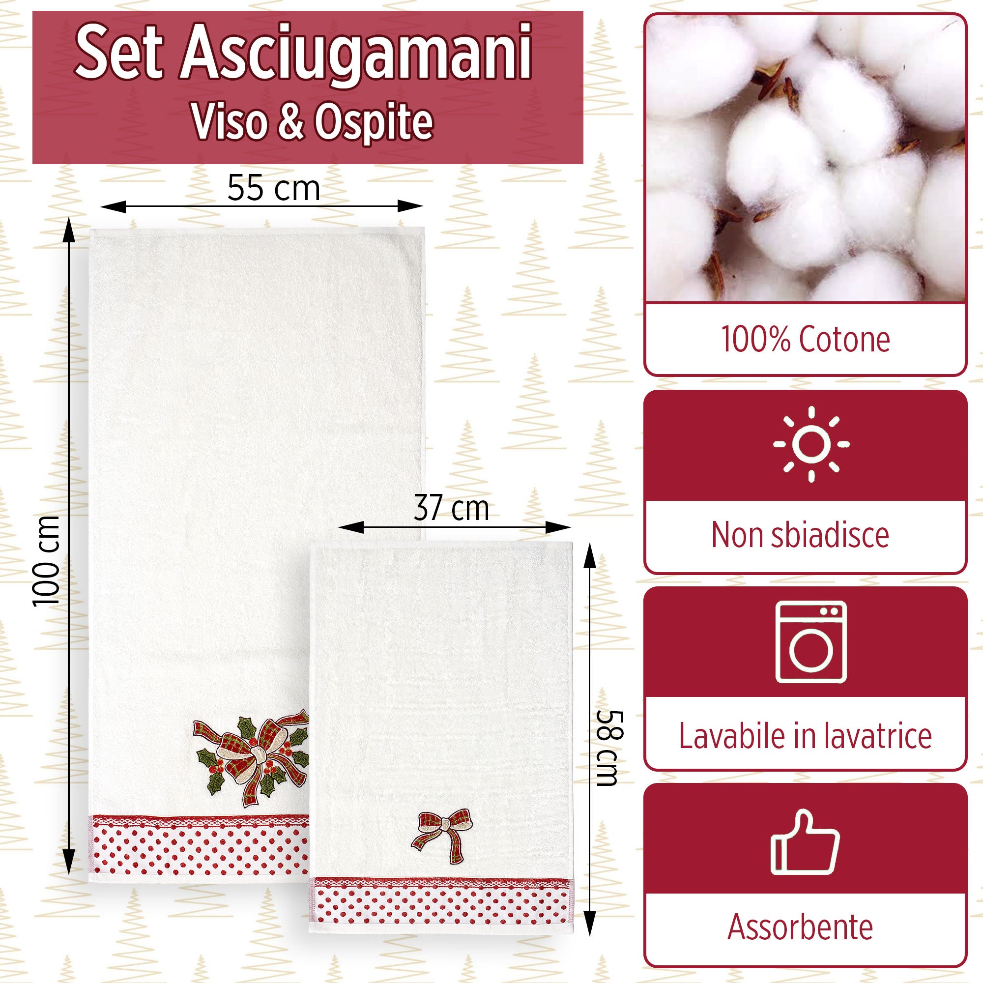 Asciugamani Natalizi Bagno set 1+1 in Spugna di Cotone Decoro Natale 6983