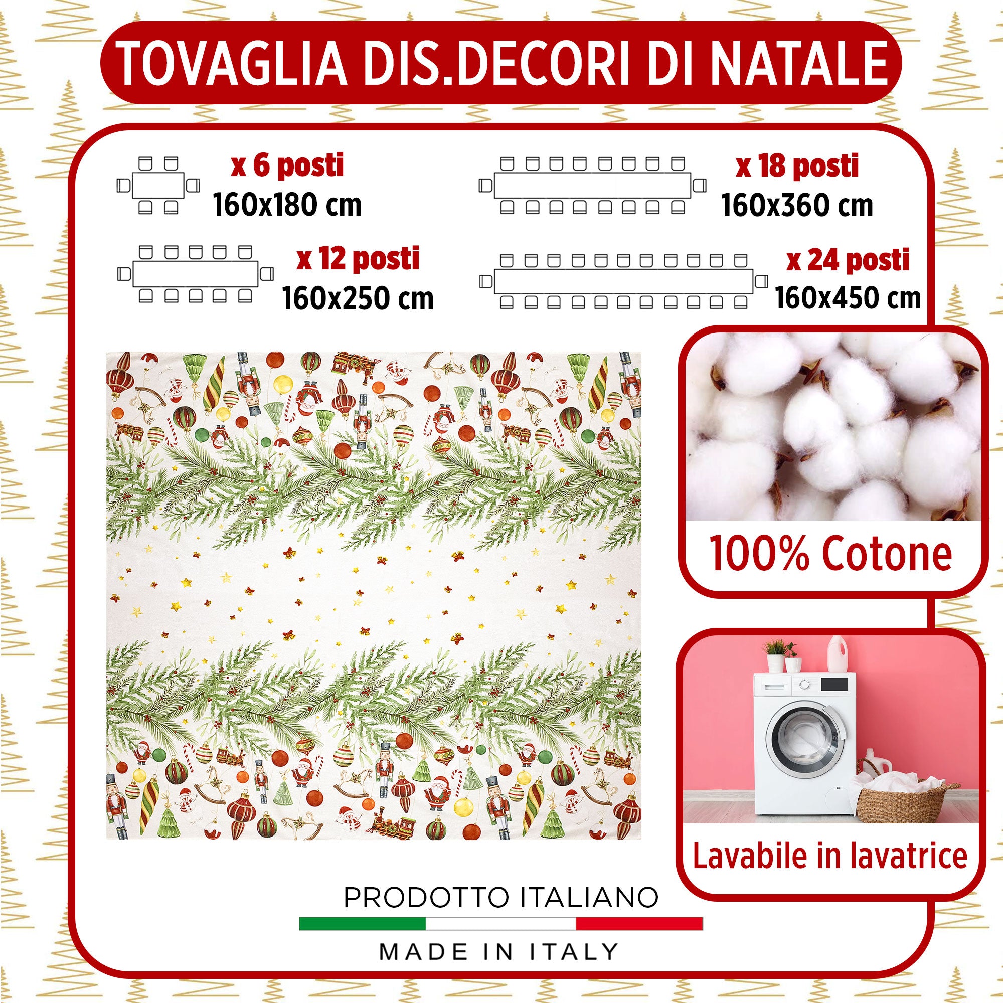 Tovaglia Natalizia 24 posti copritavolo cotone stampato Decori di Natale 7006