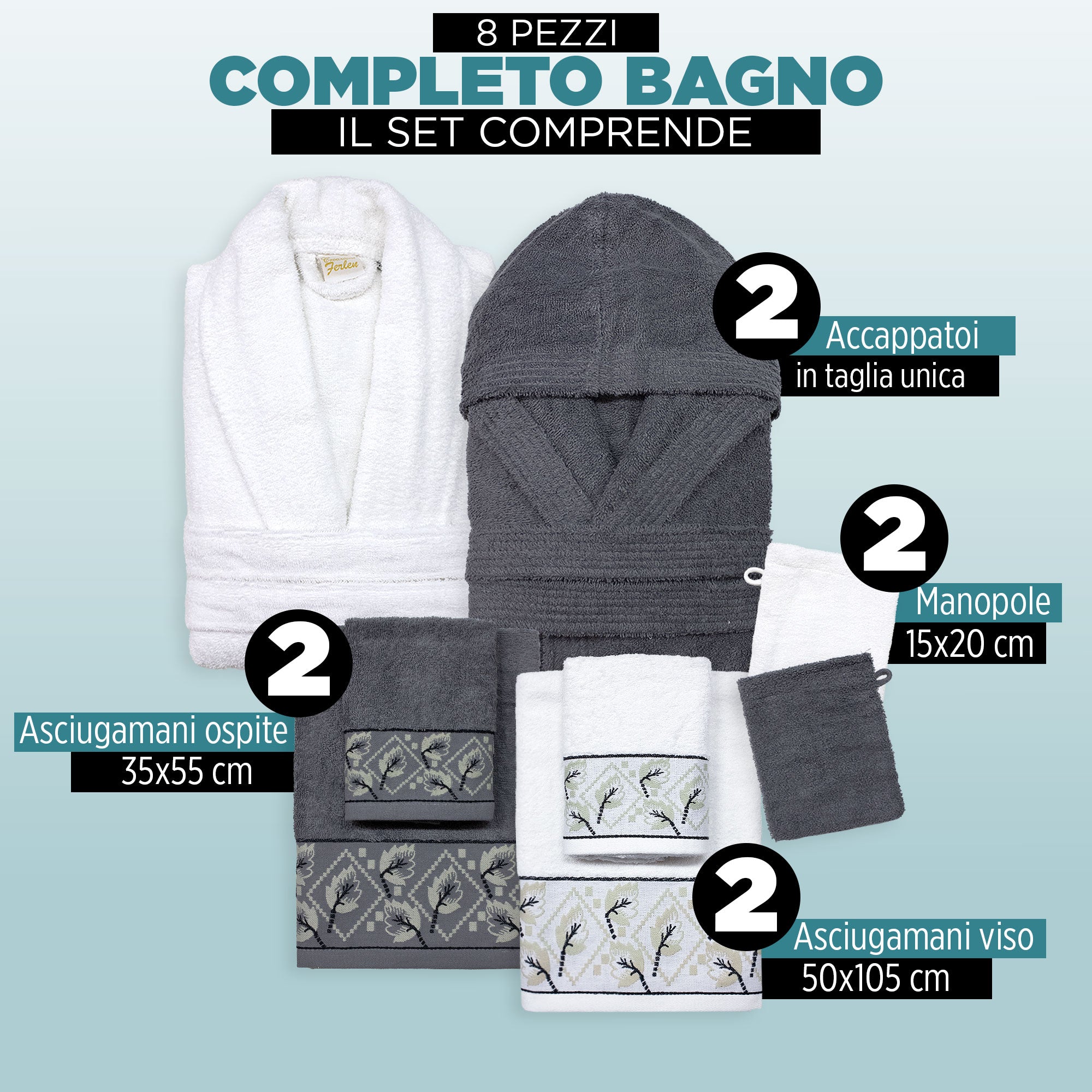 Completo bagno asciugamani accappatoi set uomo donna in spugna di cotone 7047