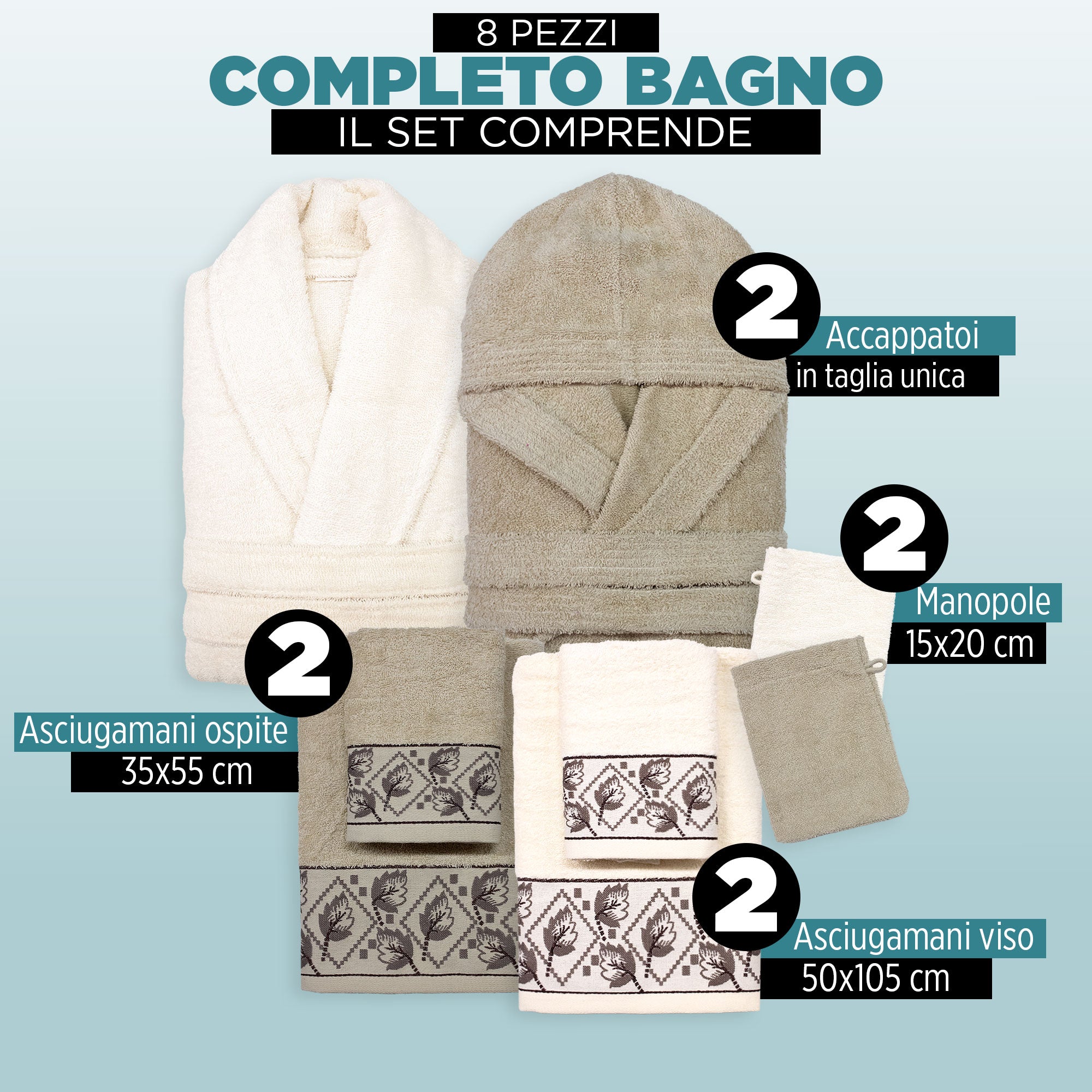 Completo bagno asciugamani accappatoi set uomo donna in spugna di cotone 7047