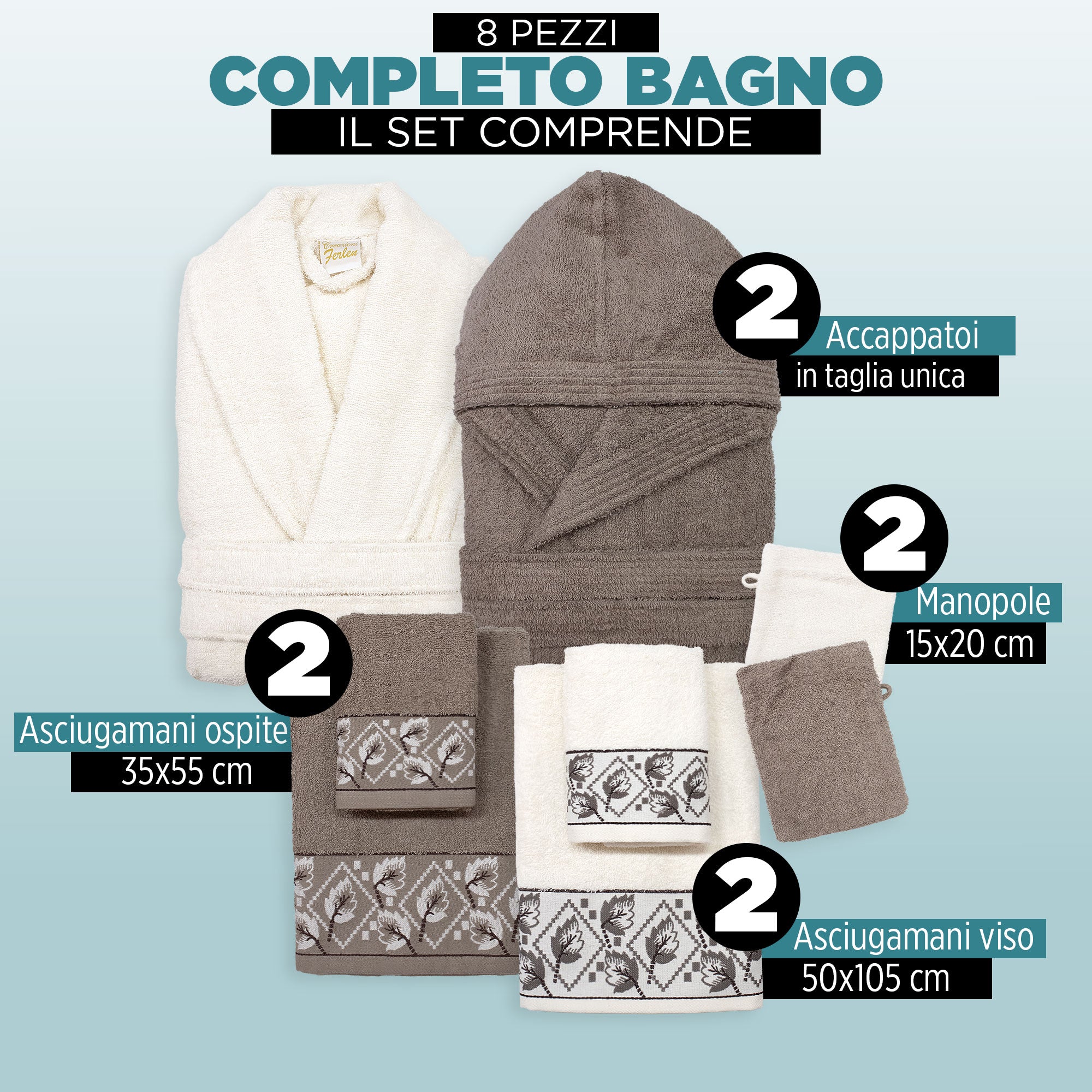 Completo bagno asciugamani accappatoi set uomo donna in spugna di cotone 7047