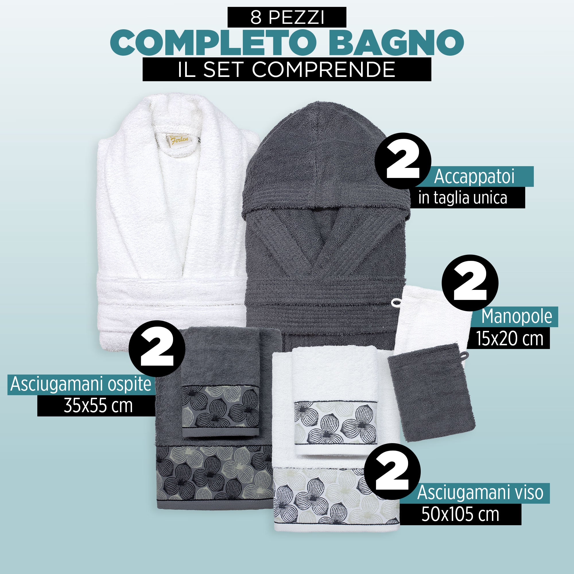 Completo bagno asciugamani accappatoi set uomo donna in spugna di cotone 7048