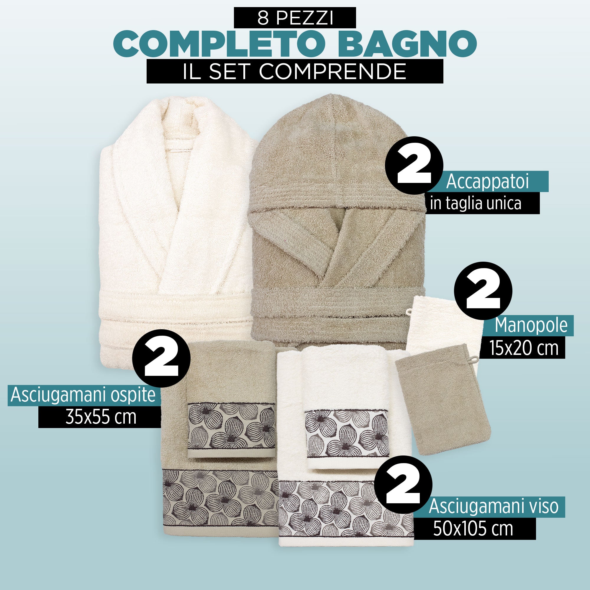 Completo bagno asciugamani accappatoi set uomo donna in spugna di cotone 7048