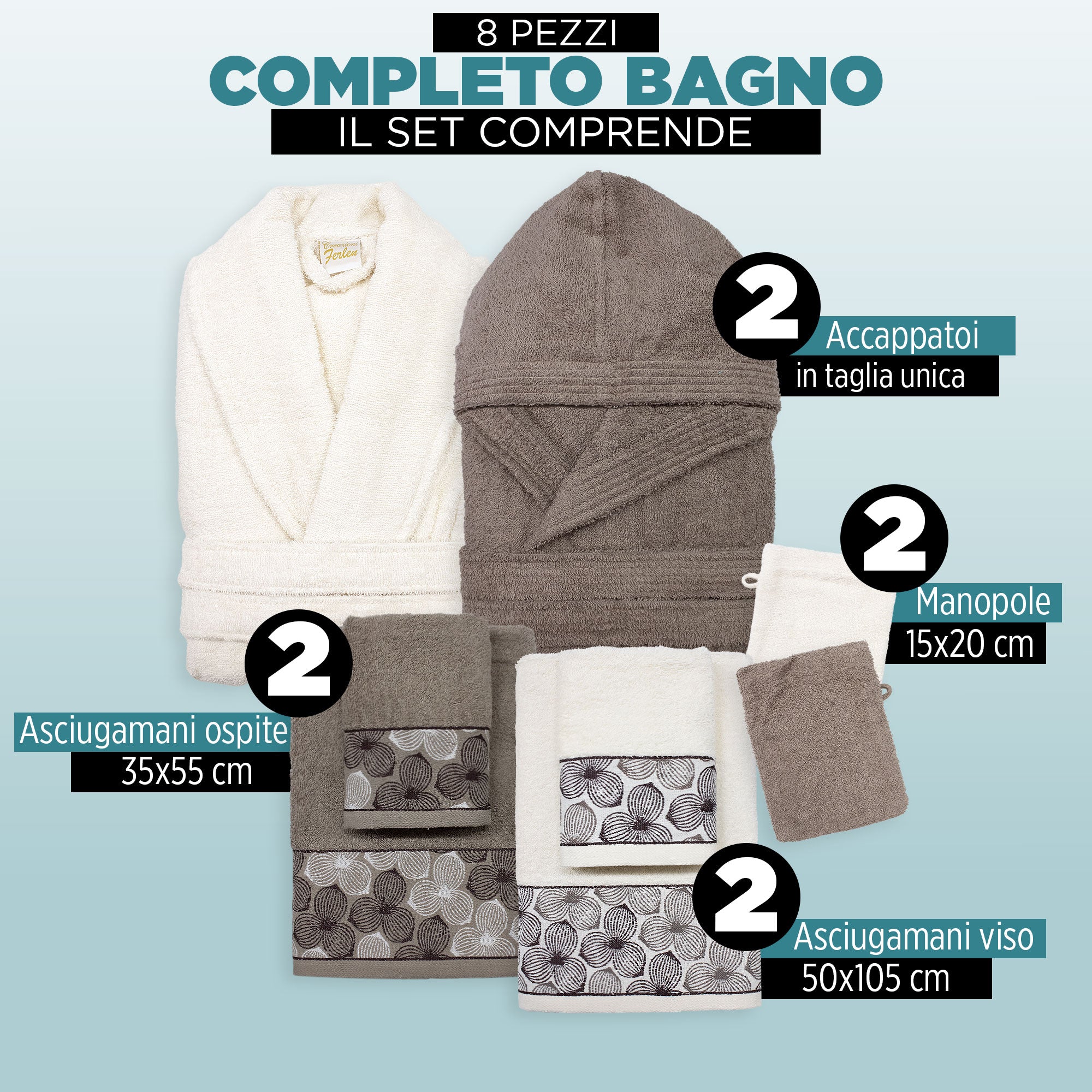 Completo bagno asciugamani accappatoi set uomo donna in spugna di cotone 7048