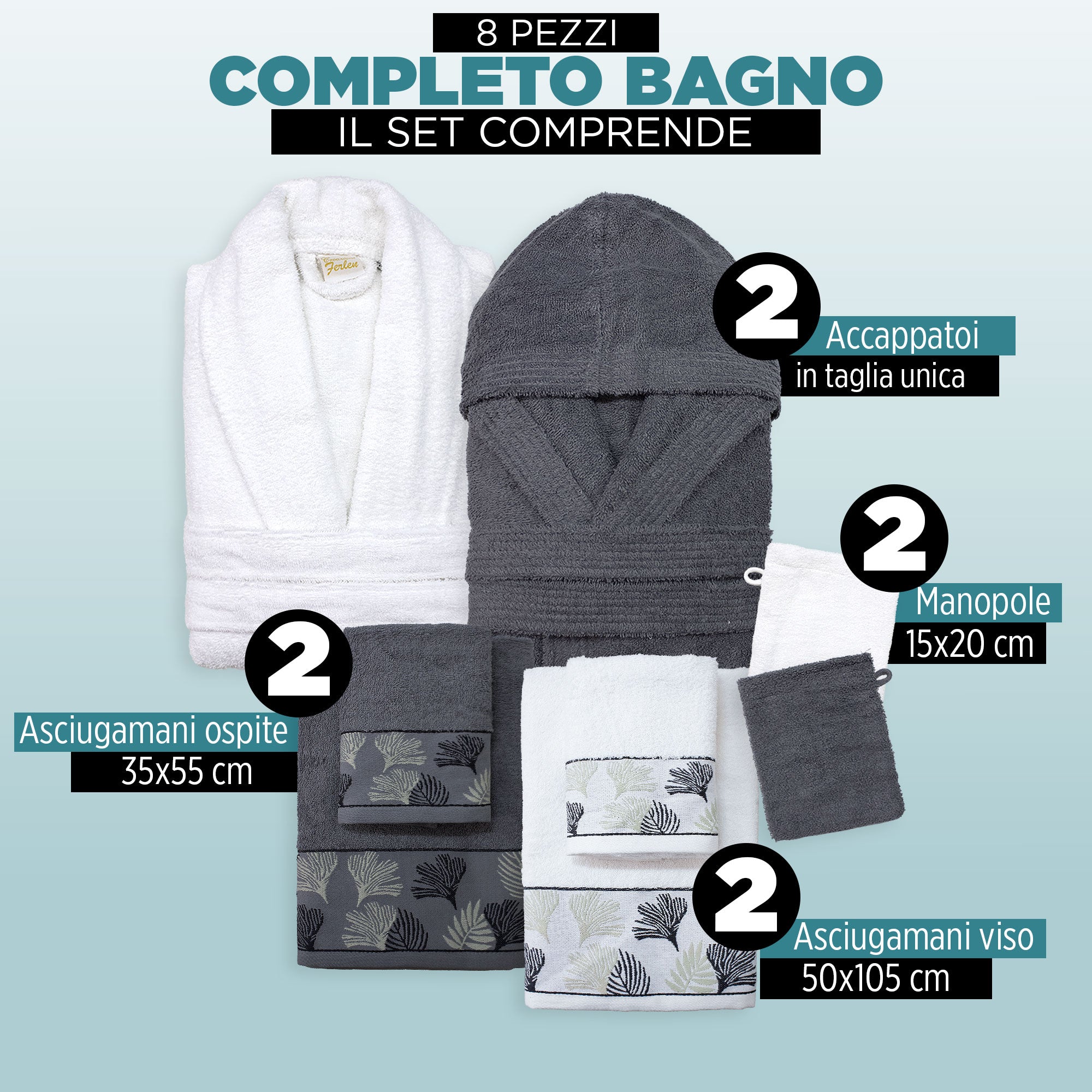 Completo bagno asciugamani accappatoi set uomo donna in spugna di cotone 7049