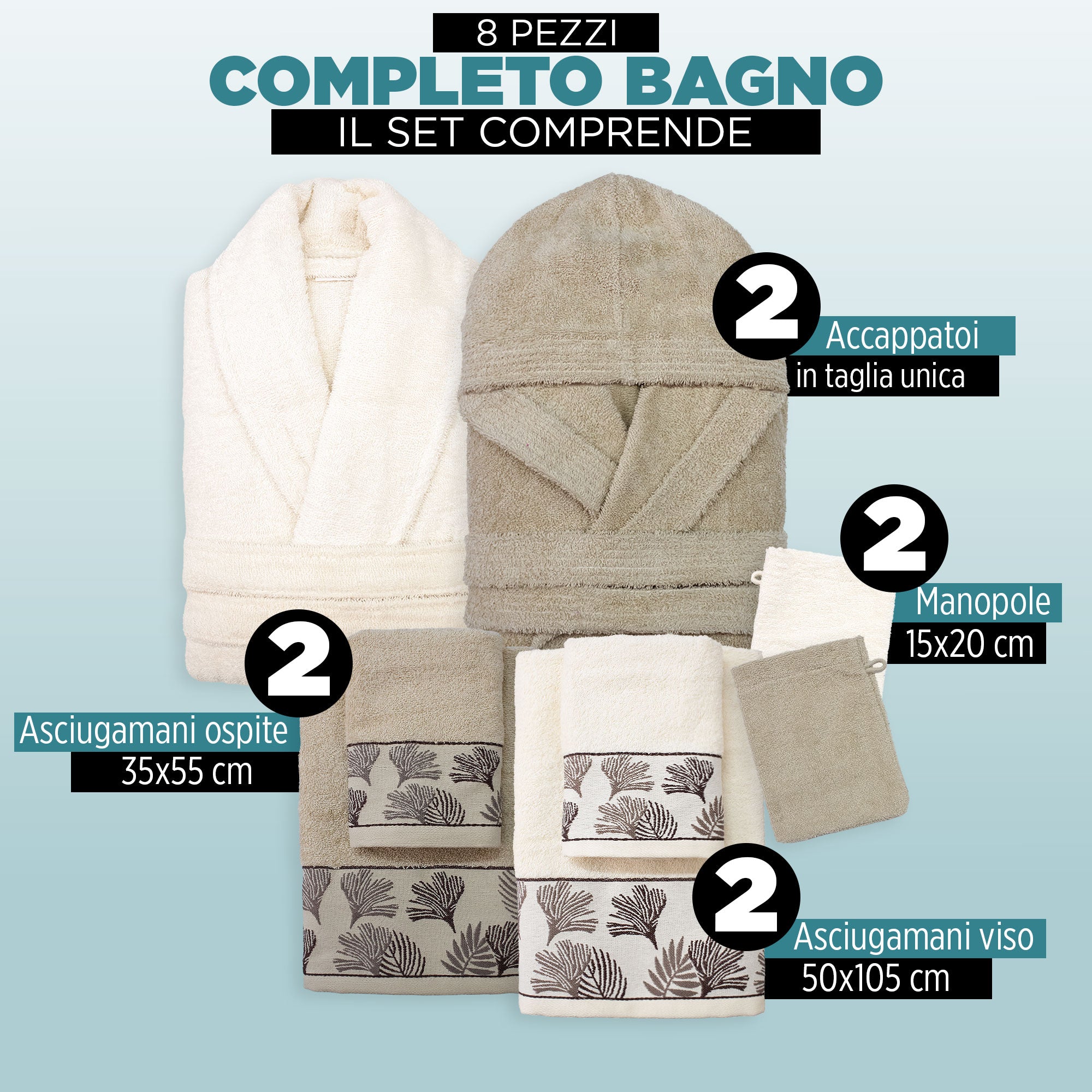 Completo bagno asciugamani accappatoi set uomo donna in spugna di cotone 7049